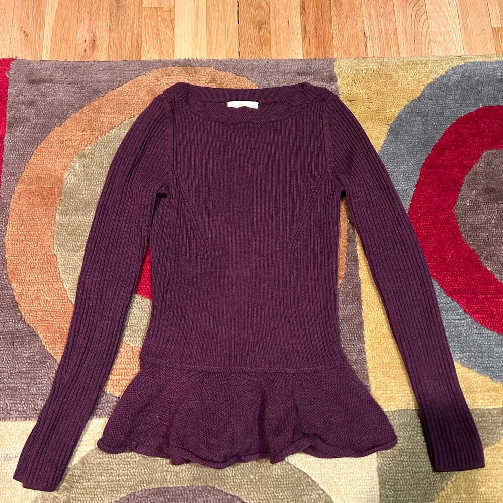 Tory Burch Ramona Dark Purple Ribbed 100% Merino Wool Peplum Sweater Size Small